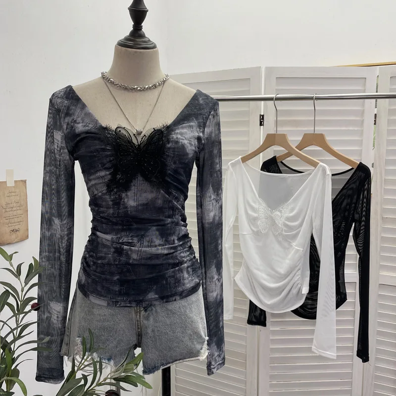 Camiseta de gasa de mariposa Vintage estética Y2k, ropa de calle 2025, camisetas de hadas teñidas anudadas para mujer, Tops plisados ajustados Harajuku Grunge