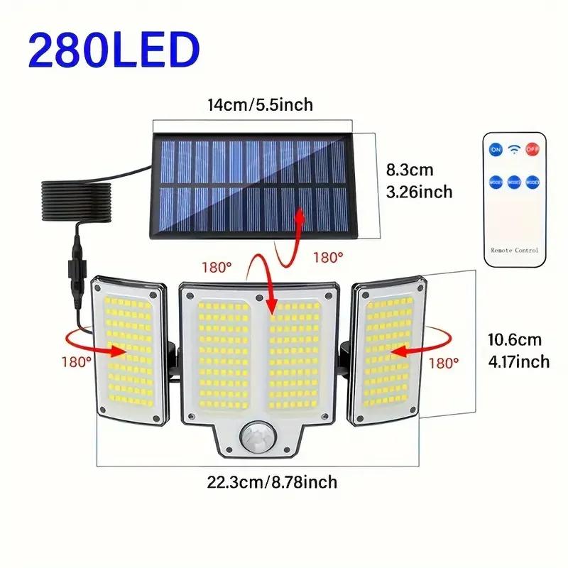 280 LED Outdoor Solar Lights Motion Sensor Security Lights with Remote 3 Modes Waterproof Solar Wall Lamp for Courtyard Garage