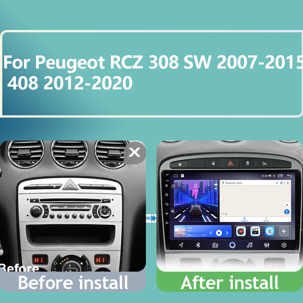 BT For Peugeot RCZ 308 SW 2007-2015 408 2012-2020 Android 15 QLED Touch Screen Auto 8G+256G Radio Car Multimedia Video Player 5G