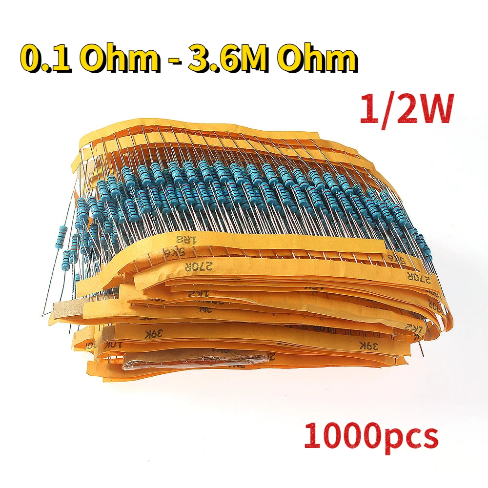 1000pcs 1/2W Metal Film Resistor 50 Values 0.5 Watt 1% Resistance Kit DIY Electronic Set of Resistors Package 0.1 Ohm - 3.6M Ohm