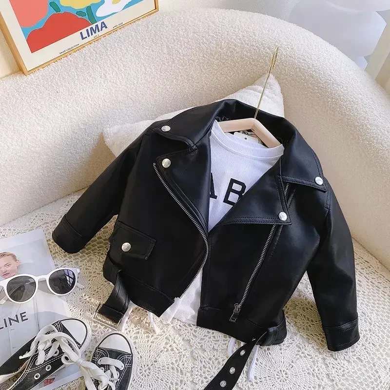 

Girls Faux Leather Elegant Zipper Basic Jacket Boys Outwear Solid Slim Long Sleeve Turn-down Collar Toddler Short Coat XMP43