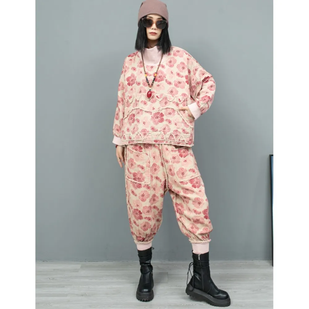 

Pink Flower High Neck Long Sleeved Top + Small Foot Harem Pant Two-piece Set Women 2024 Autumn Fashion Pant Set LX1916