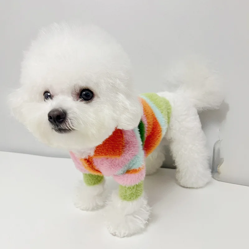 Pet Stripe Plush Sweater Cute Colorful Coat Dog Teddy Bears Schnauzer Small Dog Autumn/Winter Thickened Sweater Puppy Clothes