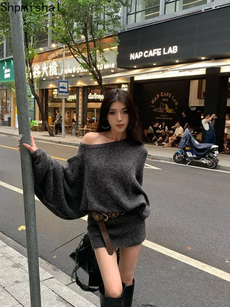 Shpmishal Korean Fashion Sexy Spicy Girl Lazy Style Dress Autumn/Winter Long Sleeve Oblique Shoulder Knitted Sweater Dress