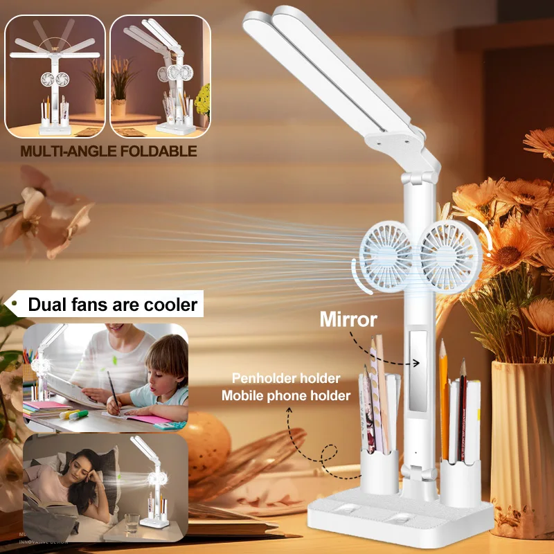 Multifunction LED Desk Lamps with Fan Dimmable Eye protection Book Light Double-headed Foldable Table Lamp Study Office Bedside