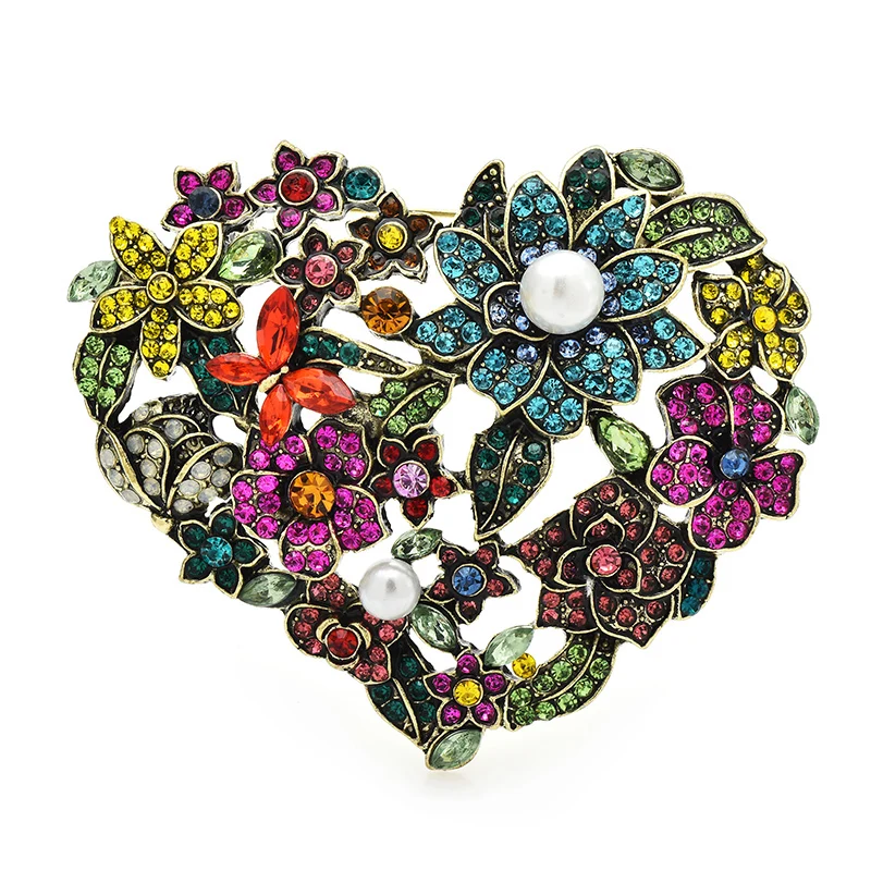 Wuli&baby Flower Heart Brooches For Women Unisex Multicolor Rhinestone Beautiful Love Party Office Brooch Pins Gifts