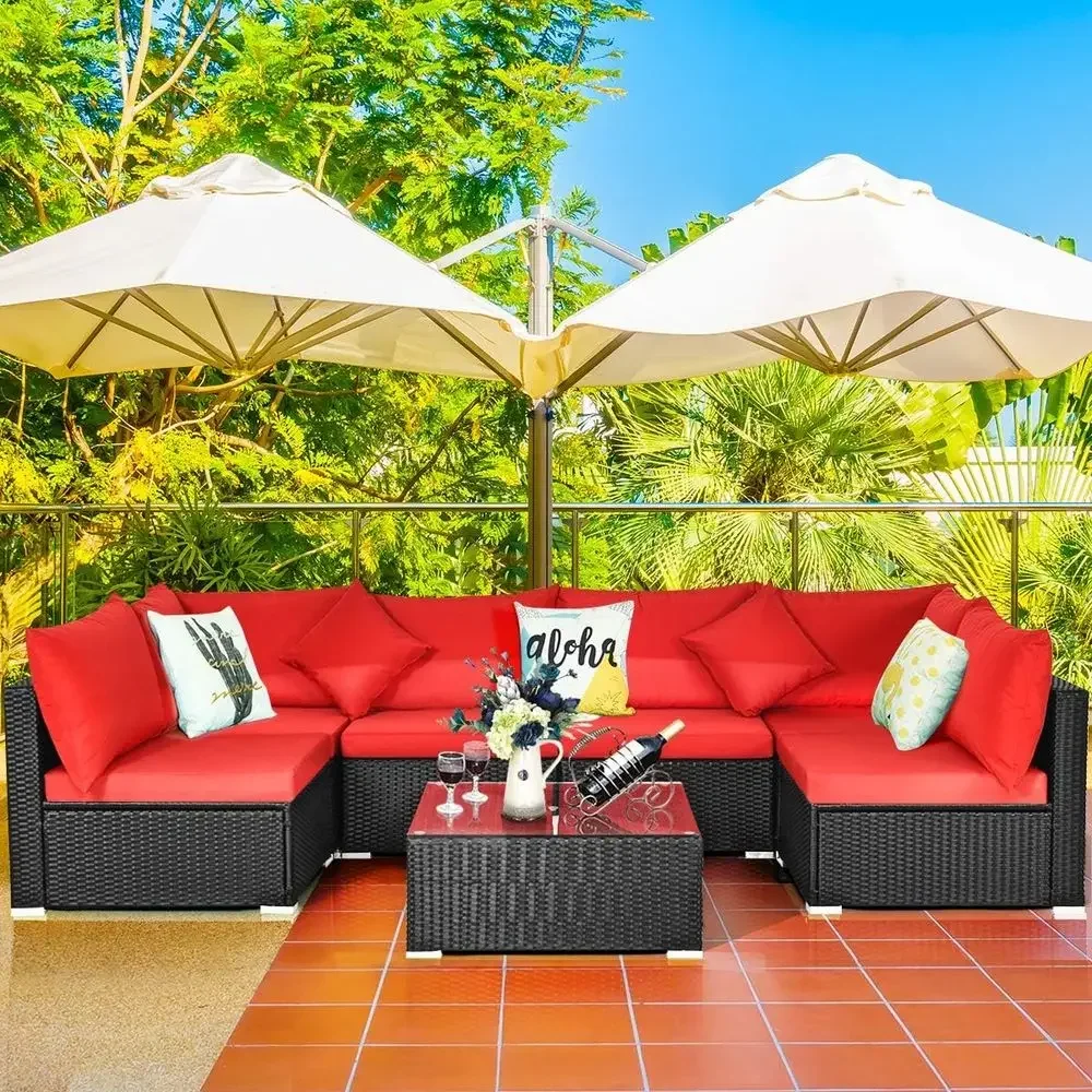 Red Outdoor 7-Piece Rattan Patio Furniture Set with Sofa, Coffee Table, and Cushions for Garden, Balcony, or Poolside