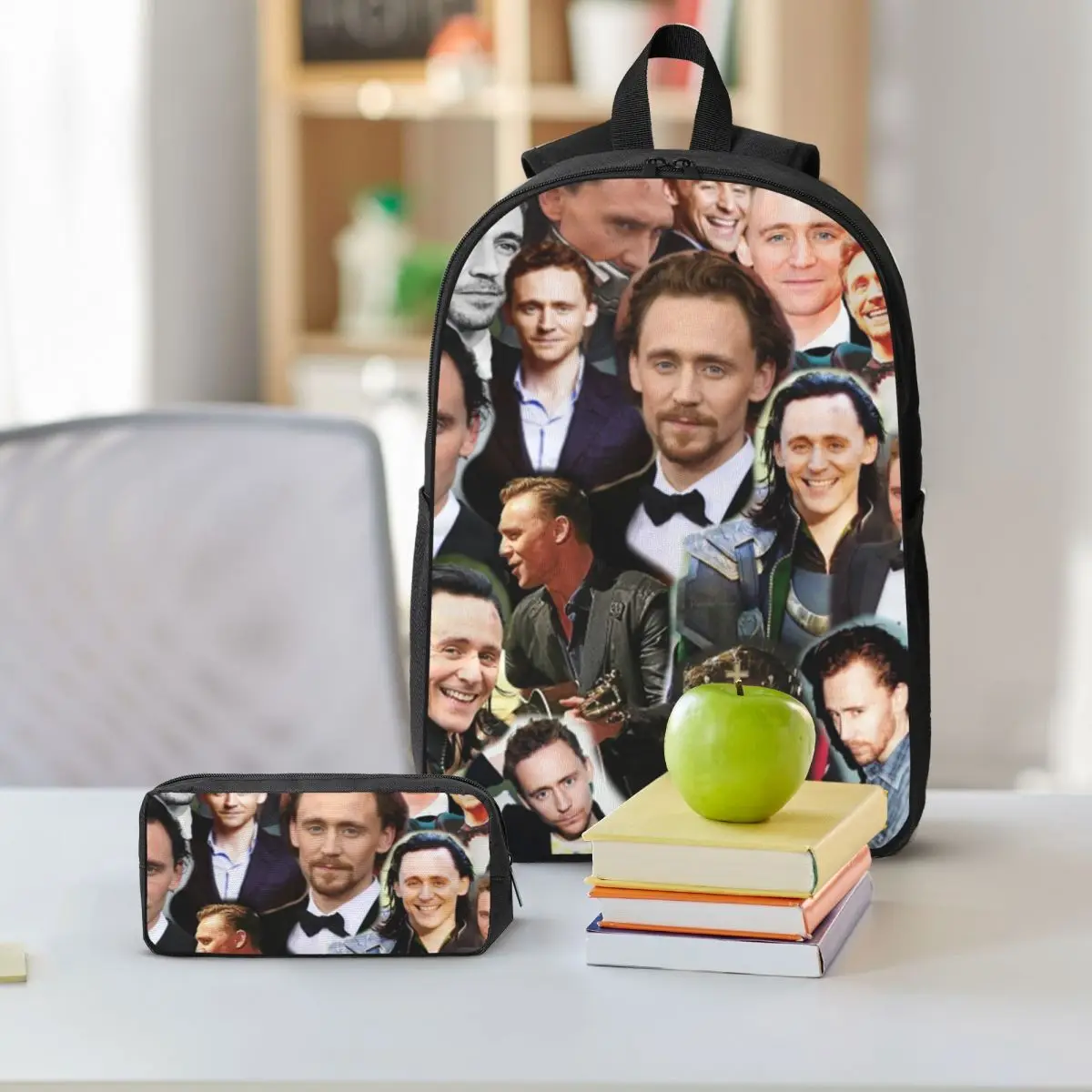 Tom Hiddleston Photo Collage Backpack Student BookBag School Bag Shoulder Bags 3ps Insulated Lunch Bag Pencil Case