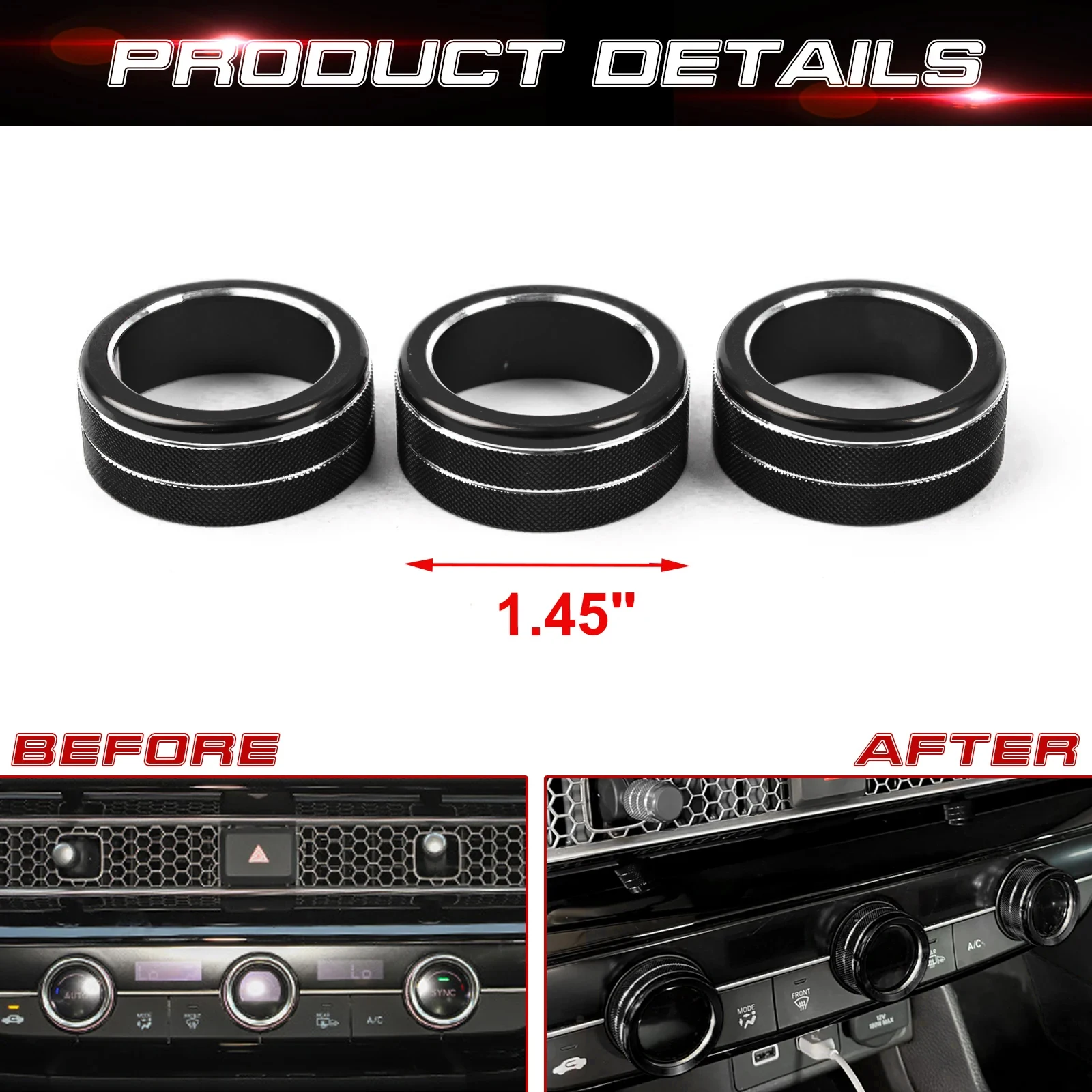 3pcs Black Center Console AC Climate Air Conditioning Button Knob Switch Ring Cover Overlay For Honda Civic 11th Gen 2022 2023