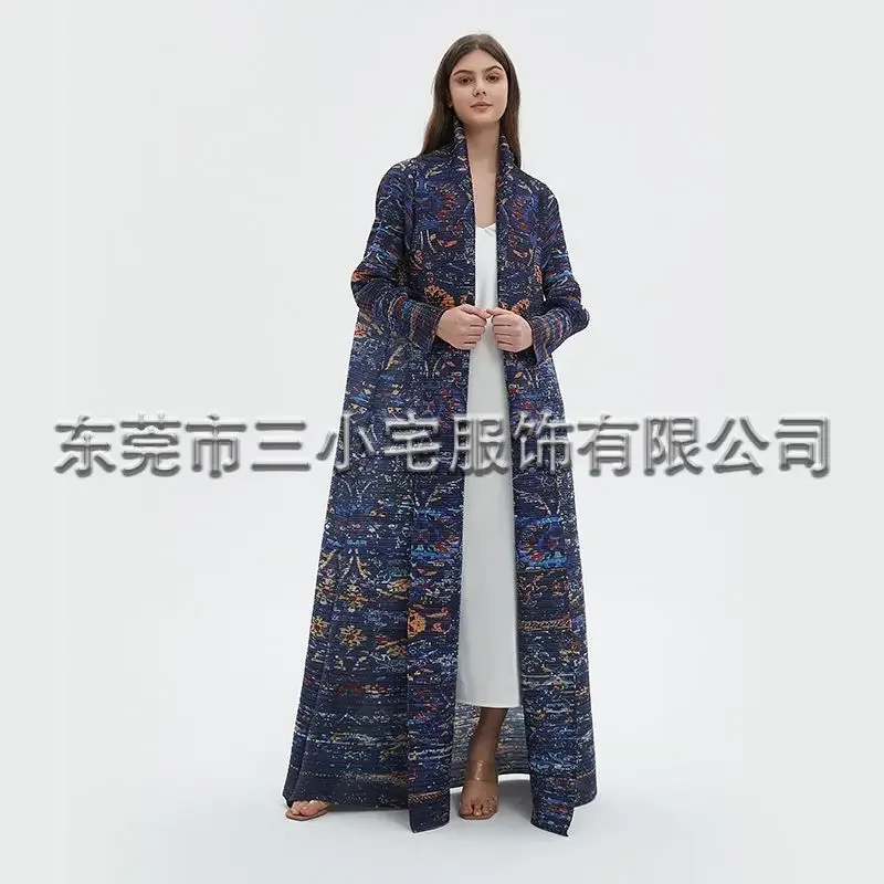 Pleats Robe 2024 Summer Long Trench Coat Blue Print Arabesque Robe Pleated Coat Jacket Cape Plus Size Party Dress Eid Al-fitr