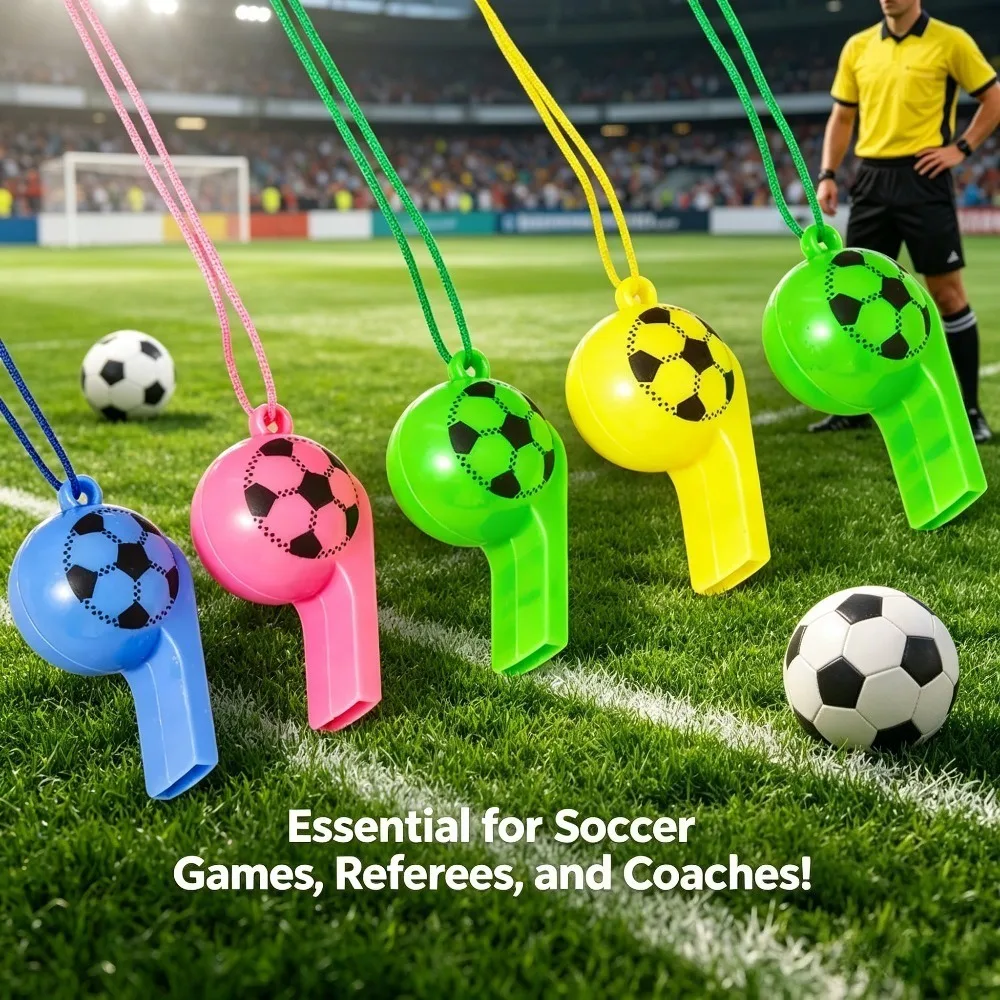 Colorful Football-Shaped Whistle And 1pc Random Pattern Postcard with Lanyard Plastic Whistle, Sports Competition Referee Whistle, Outdoor Camping Emergency Whistle, Party Atmosphere Prop, Multicolor Optional, Crisp And Loud, Fan Cheering Tool