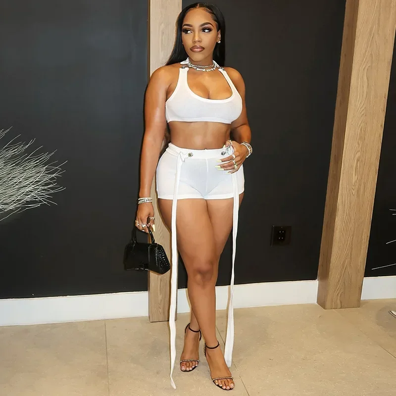 

Ribbed Buckle Ribbons 2 Piece Set Women Solid Sexy Cropped Tank Tops + Skinny Shorts Slim Clubwear Suits Casual Tracksuits
