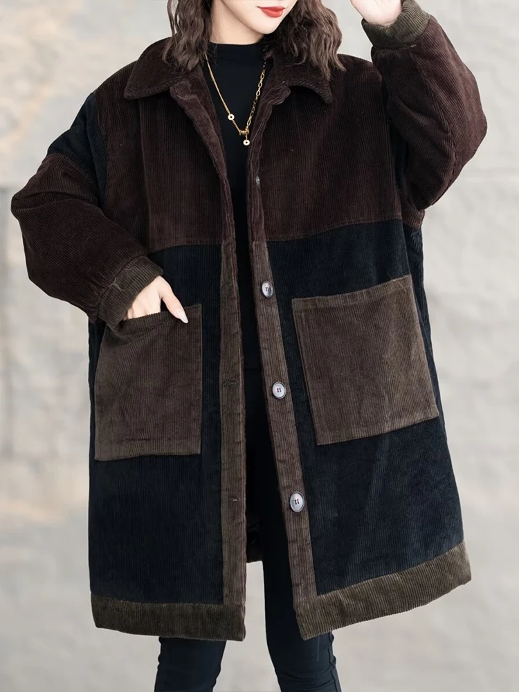 Max LuLu Quilted Winter Women Corduroy Classic Parkas Ladies Warm Leisure Jeackets Patchwork Loose Oversized Thicken Luxury Coat