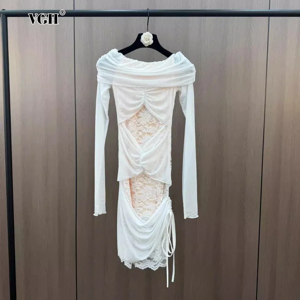 VGH French Sexy Style See Through Hollow Dress for Women Slash Nech Off Shoulder Spliced Lace Up Bodycon Skirt Female Spring New