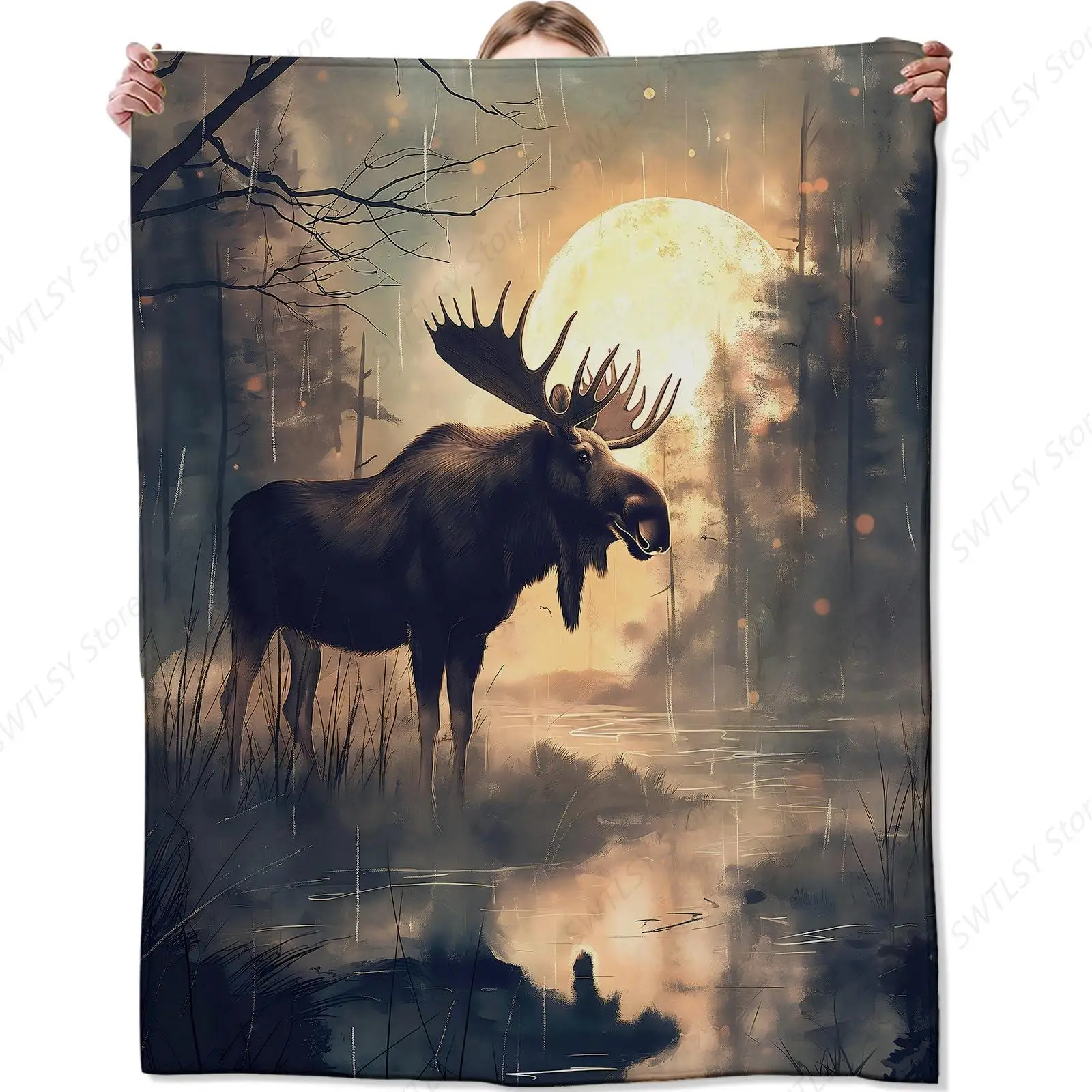 Moose Blanket,Gifts for Nature Lovers,Lightweight Flannel Throw Blankets,Majestic Wildlife in Mystical Forest Throws Home Decor