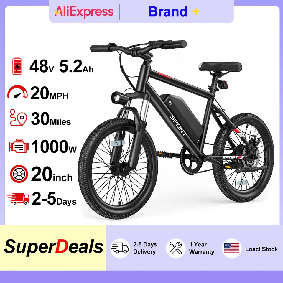 20"/26" Electric Bicycle 48V Removable Battery Power for 30-40Miles Range, 20 MPH Top Speed, 3 Riding Modes Front Suspension Commuter Electric Bicycle
