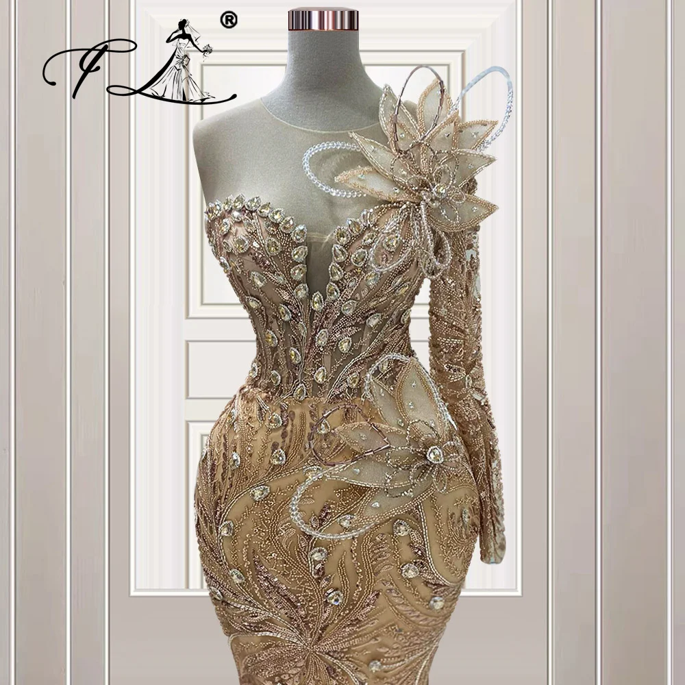 

Champagne Crystals Celebrity Dresses For Women Long Sleeve Evening Gowns Mermaid Party Dresses Customized Vestidos