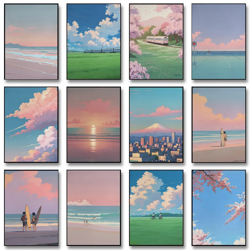 Retro Japanese Anime Scene Sunset Beach Fuji Mountain Landscape Poster Canvas Painting Wall Art Pictures Home Room Decor