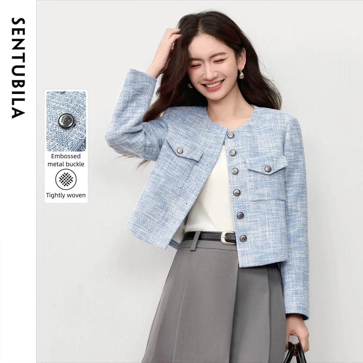 

SENTUBILA женское пальто с длинными рукавами, осень 202, Новое поступление, двойные карманы, кружевные ажурные подплечники, короткая куртка 153WA2786