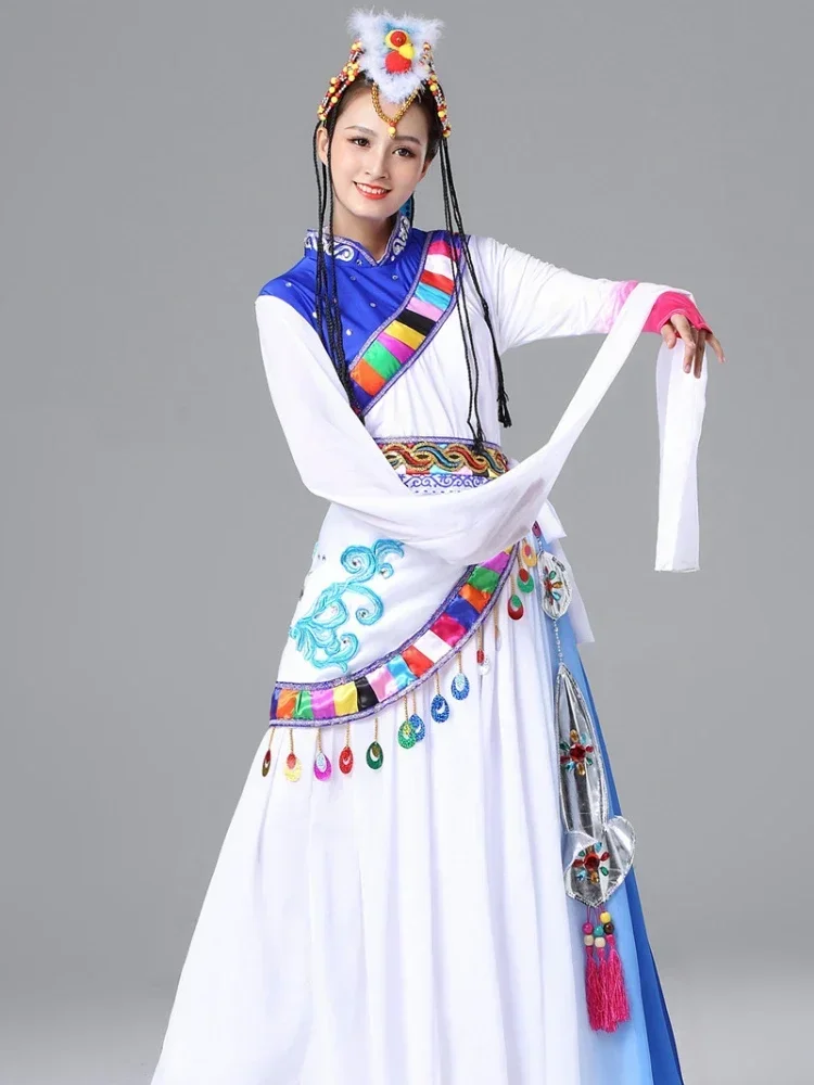 Strój mongolski dla dziewcząt, rękawki wodne, tibetskie stroje do tańca narodowego, damskie stroje etniczne Hmong, spódnica do ćwiczeń tańca tybetańskiego