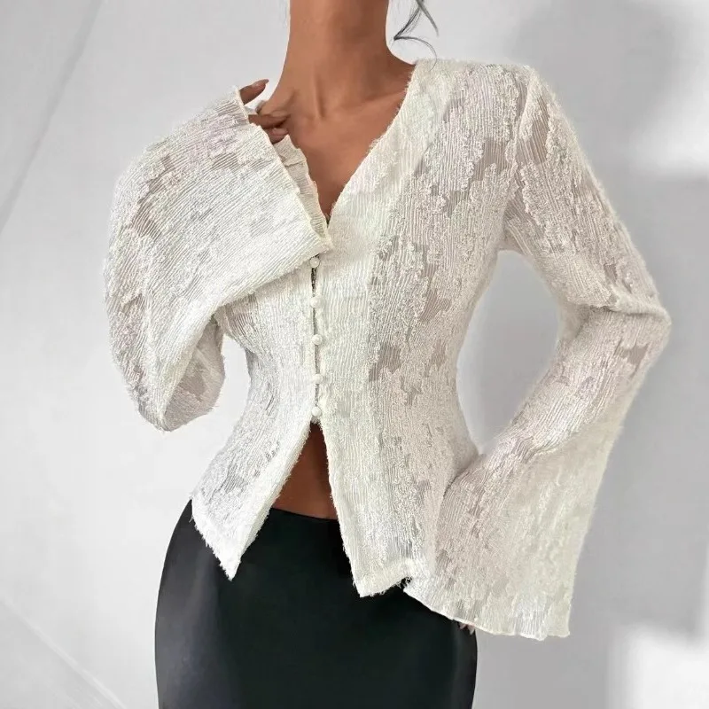 2025 decote em v jacquard renda elegante camisa outono novas mulheres magro ajuste blusa nova primavera moda trompete manga sexy oco curto topo