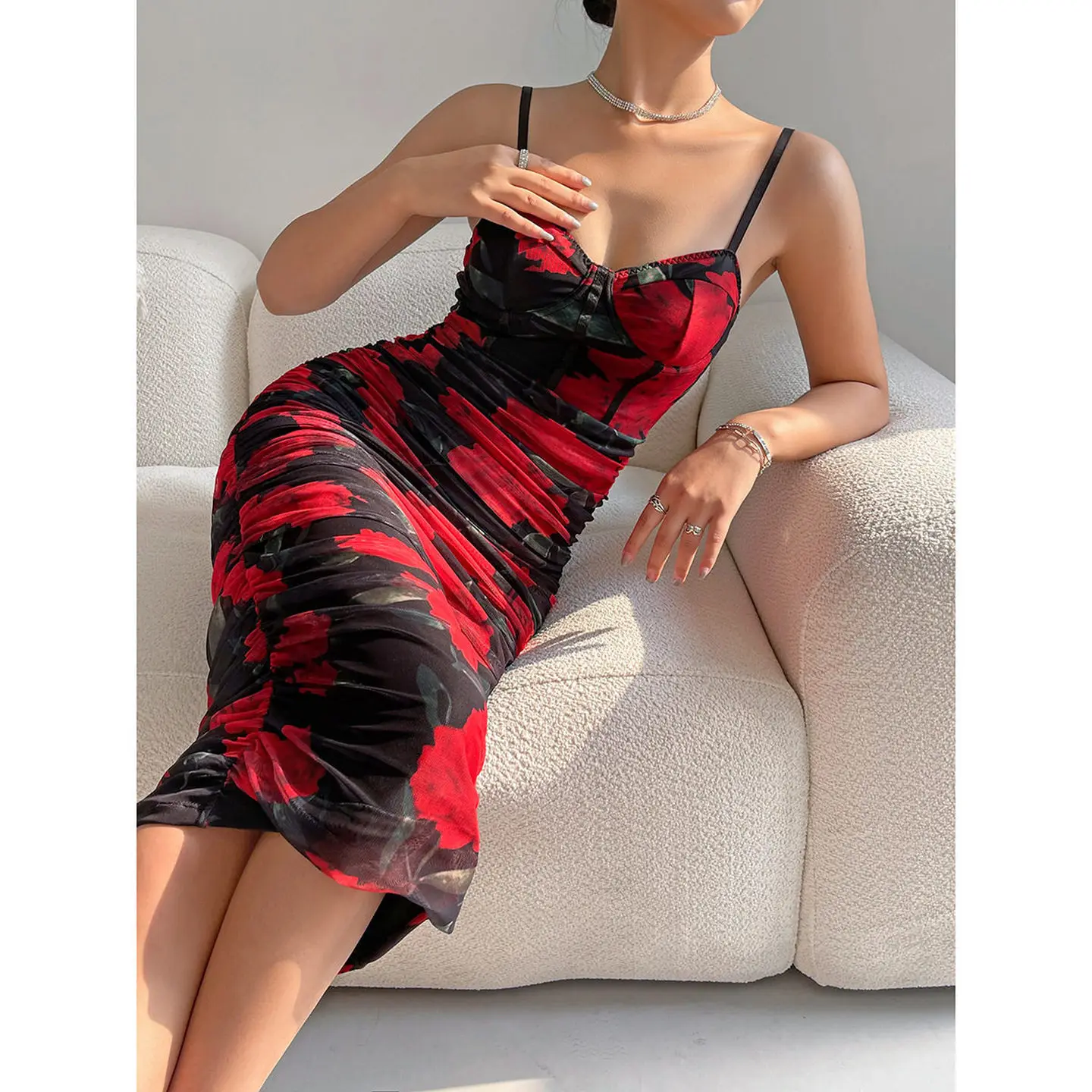 Sexy Lowcut Printed Me Strap Stitching Pleated Dr High Waist Svel Ciwalk Single…