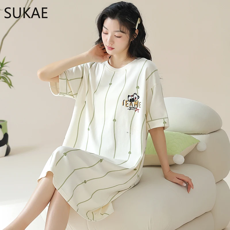 SUKAE Women Summer Nightgowns Leisure Sleepshirt Short Sleeves Pullover Cartoon Dress Kawaii Girl Sleepwear Casual Cozy Long Top