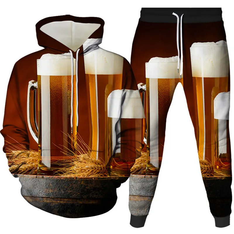 Funny Beer 3D Print Hoodie Pant Sets Men's Streetwear Sweatshirts Hoodies Sweatpants Two Piece Suits Tracksuit Men Clothing