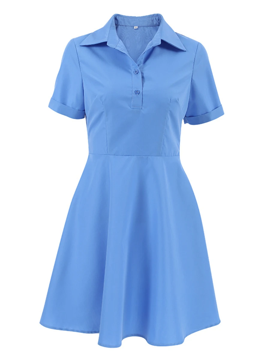 Bornladies Summer Women Blue Dress Sweet Slim Fit Versatile Short Sleeved Skirt Minimalist Fashionable High Waisted Short Dress