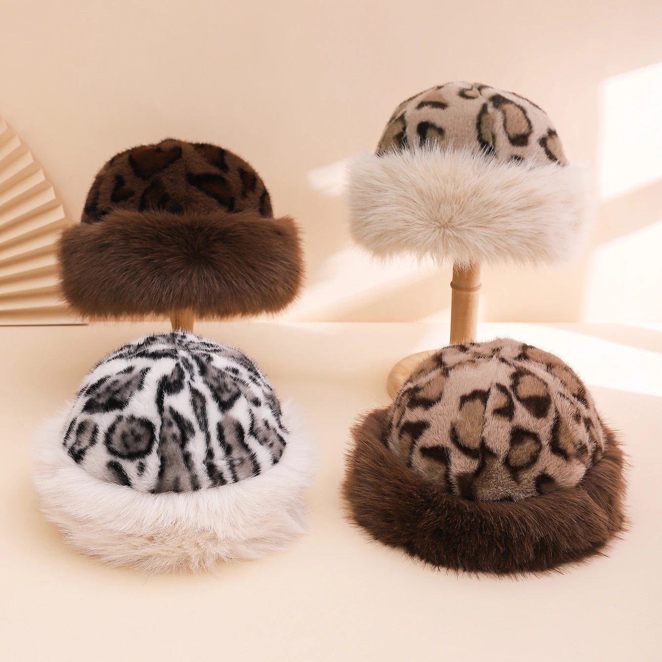 New cross-border leopard print Mongolian hat, fashionable, warm and soft, women's autumn and winter fisherman's hat, velvet hat