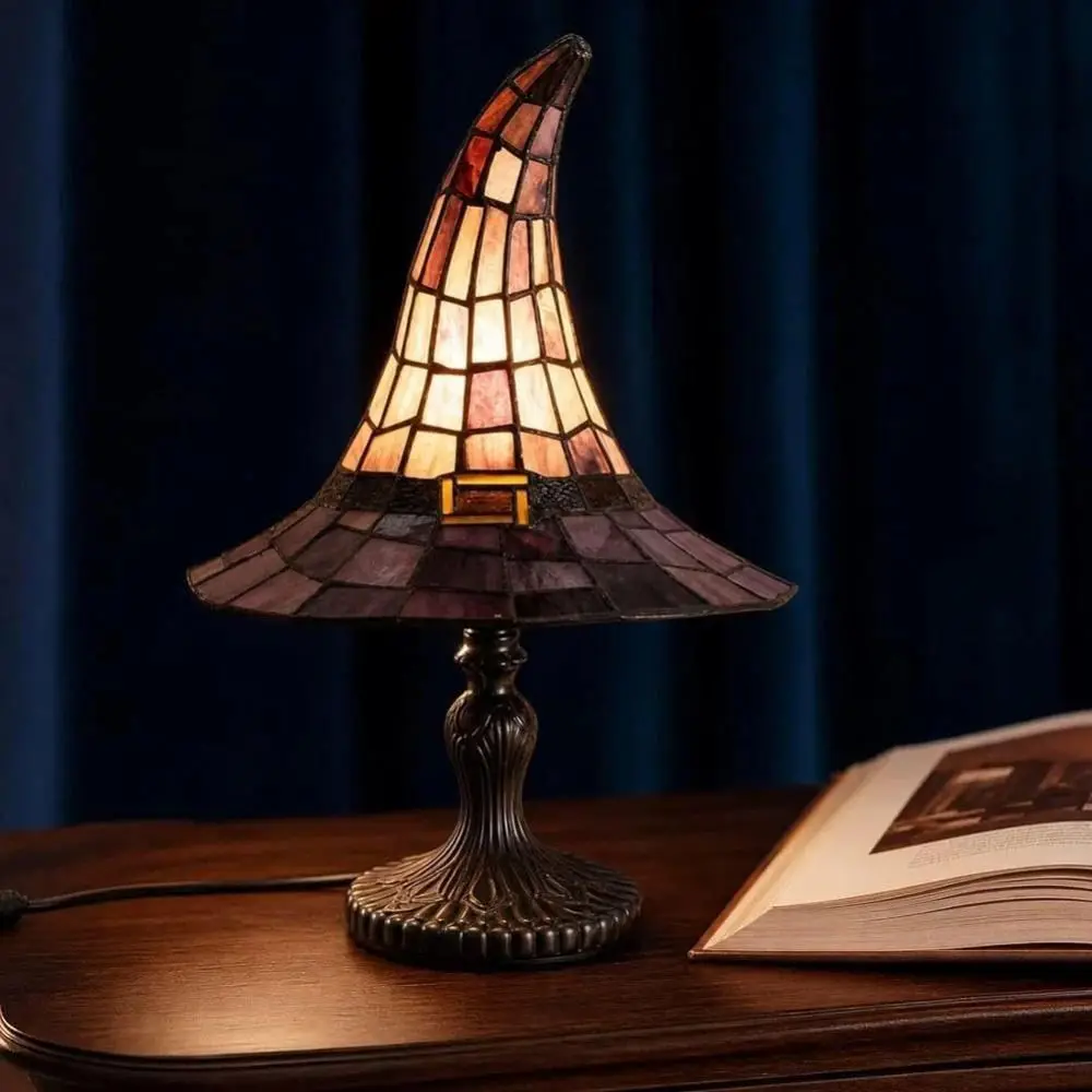 Handcrafted Resin Witch Hat Lamp USB Powered Stained Glass Style Wizard Hat Light Purple Color Tabletop Design Retro Resin Lamp