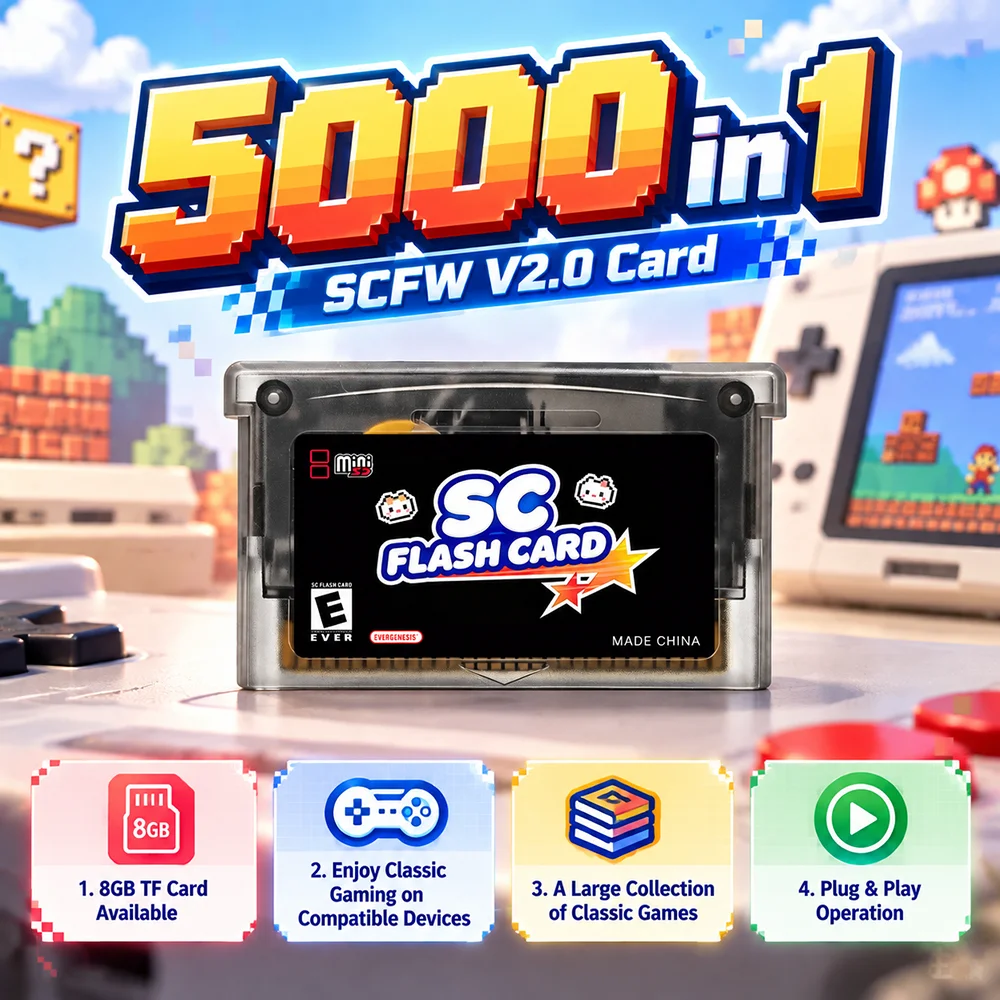 SCFW V2.0 Flash Game Cartridge with 8GB TF Card, 5000 Games Collection for GBA GBC GB NES, Compatible with GBA SP GBM NDS NDSL