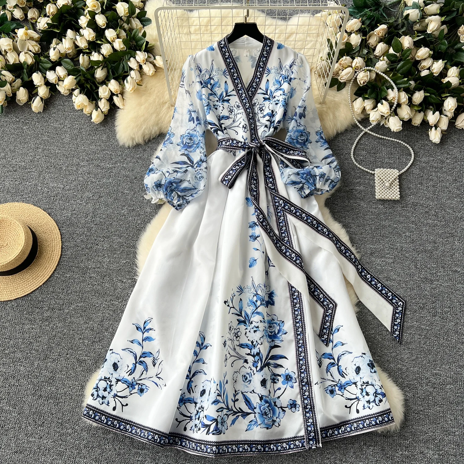 

Clothland Women Elegant Floral Wrap Dress Cross V Neck Long Sleeve Sashes One Piece Blue Vintage Midi Dresses Vestido QD591