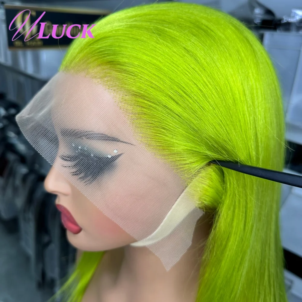 วิกผมบ๊อบสั้นตรงสีเขียวมะนาวแบบดับเบิ้ลดรอน ผมแท้บราซิล วิกผมลูกไม้ด้านหน้า 13x4  ถอนขนแล้วสำหรับผู้หญิง