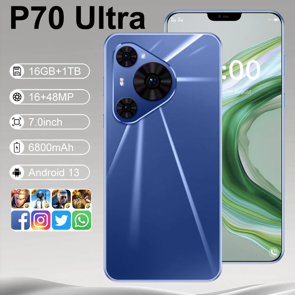 

New 2025 HOT P70 Ultra Facial Recognition Function 7.0inch HD Global Edition Original Smart Dual Card 6800Mah Battery