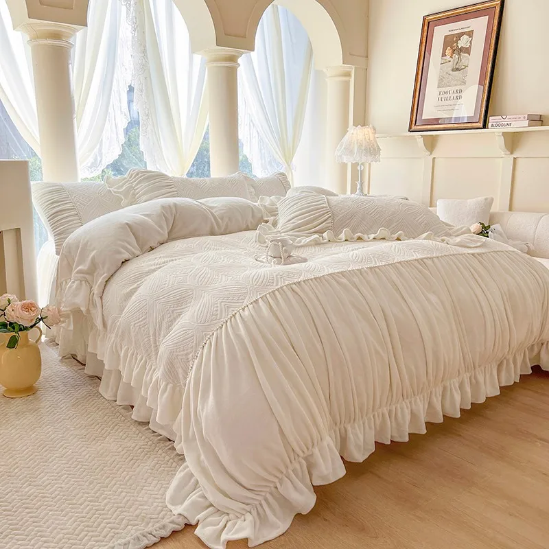 French Chic Pleated Flannel/Velvet 4/6Pcs Bedding Set Super Soft Warm Shaggy Fluffy Duvet Cover Bedskirt Pillowcases