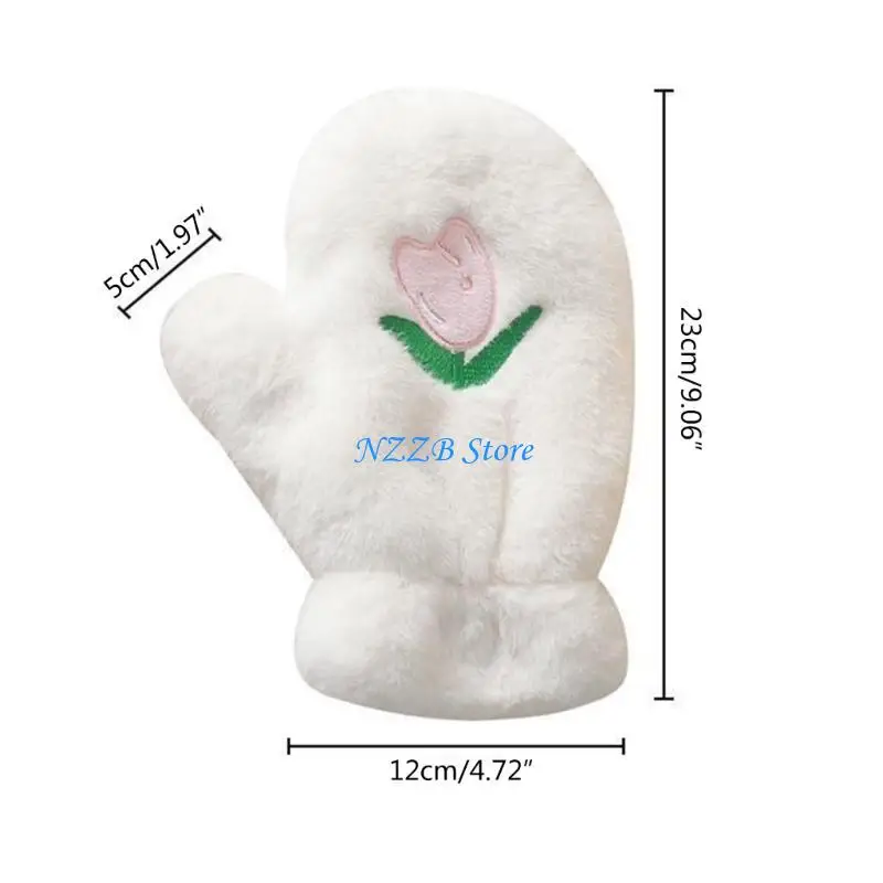 T21F – gants en peluche blancs pour filles, mitaines chaudes avec broderie fleurs pour femmes, fournitures d'hiver