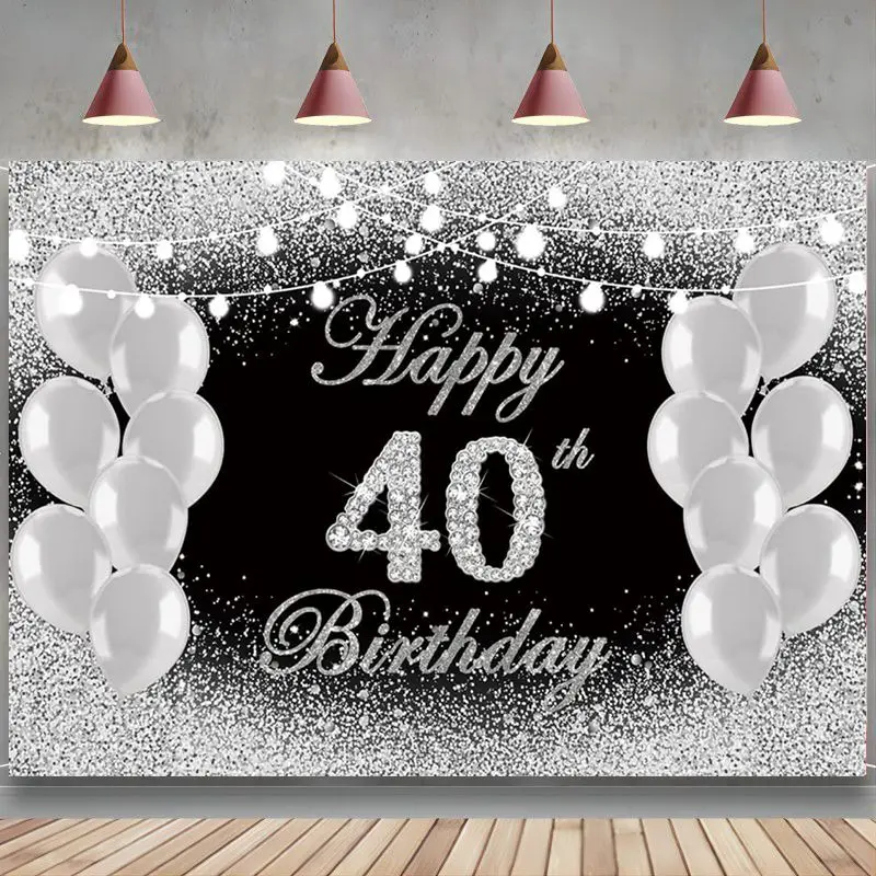 

Silver Black Happy 40th Birthday Backdrop Glitter Spot Gray Balloon Woman Fortieth Party Decor Cake Table Banner Prop Supplies