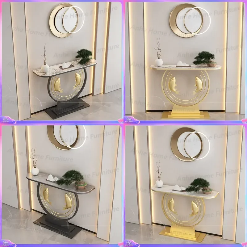 Modern Semi Circular Console Table Metal Entryway Table Luxury Entrance Desk for Living Room Bedroom Durable Home Furniture