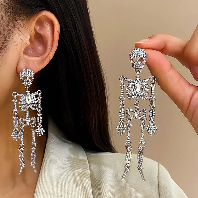 

European and American Full Inlay Zircon Skeleton Earring for Women Exaggerated and Funny Halloween Eye-catching Jewelry Earrings