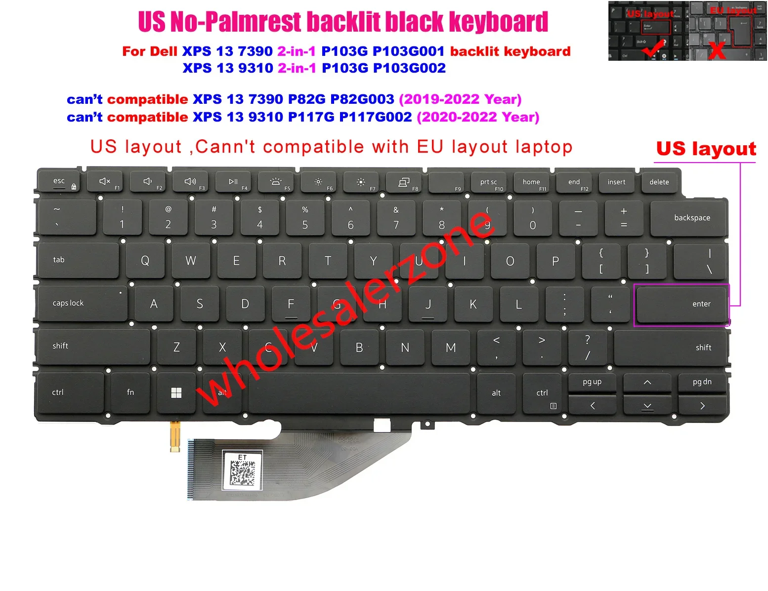 New US black backlight backlit Keyboard For Dell XPS 13 7390 2-in-1 P103G XPS 13 9310 2-in-1 series laptop