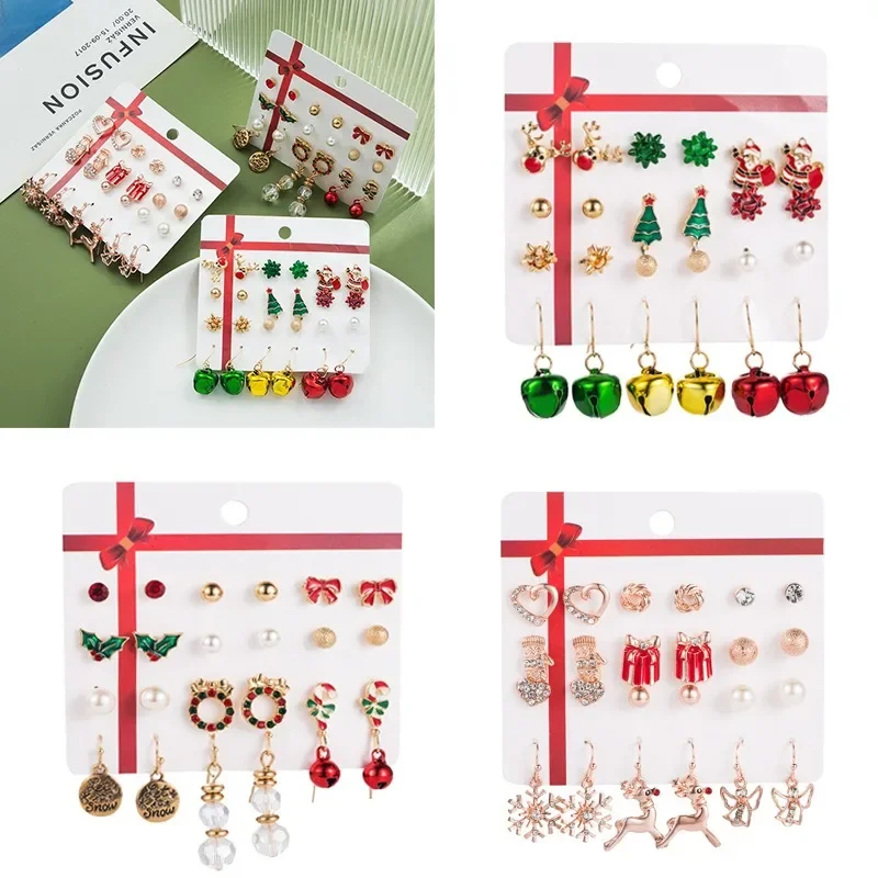 

12 Piece Card Christmas Set Earrings Santa Claus Oil Drip Earrings Bells Christmas Tree Earrings for Women