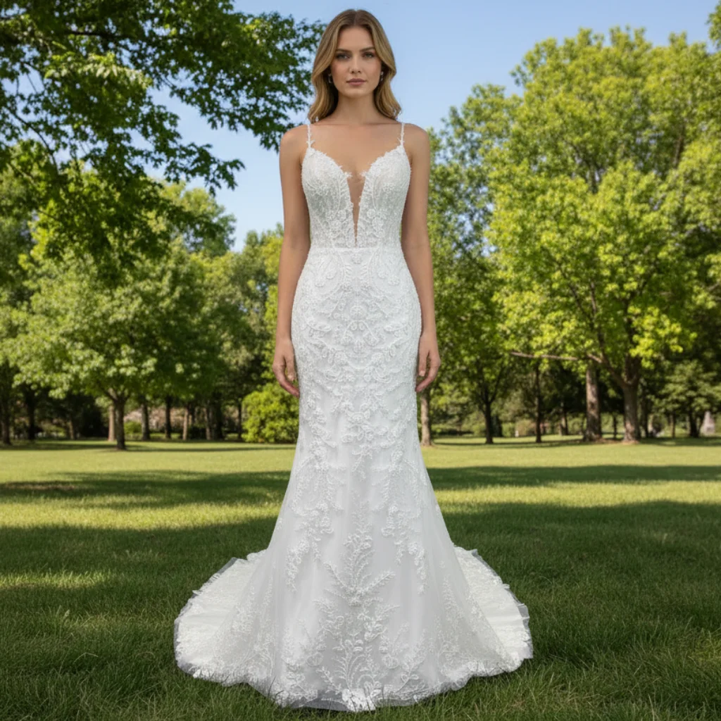 

Rosymae Women's Elegant Spaghetti Strap Lace Mermaid Wedding Dress with Long Train vestidos grifes de luxo