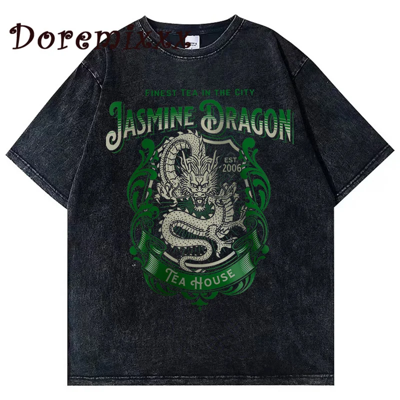 Jasmine Dragon Subtle Anime T-shirt Harajuku Washed T-shirt Short Sleeve T-shirts Oversized Hip Hop Streetwear Unisex Gothic Top