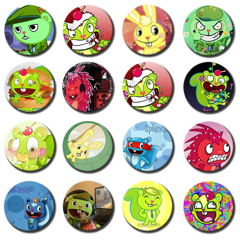 58mm 1PC Hot Anime H-Happy Tree Friends Soft Button Pin Cartoon Flakey Flippy Brooch Badge Bag Decor Accessories Friends Gifts