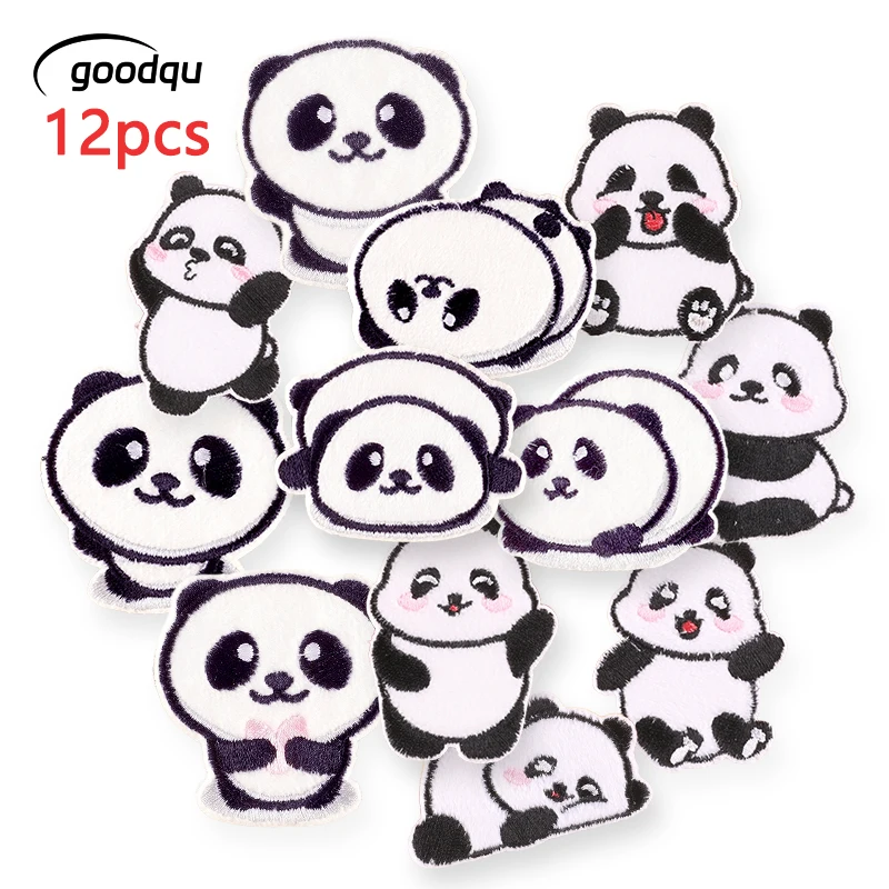 12 stücke Tiere Pandas Lot Selbstklebende Eisen Auf Patches Für Jacken Kleidung Nette Nähen Gestickte Kinder Aufkleber Pack Stoffe Diy – Detail 1