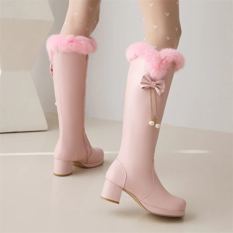 YQBTDL Lolita Style Knee High Boots Pumps Pearls Pendant Bow High Heel Platform Ladies Round Toe Block Heels Shoes Women Winter