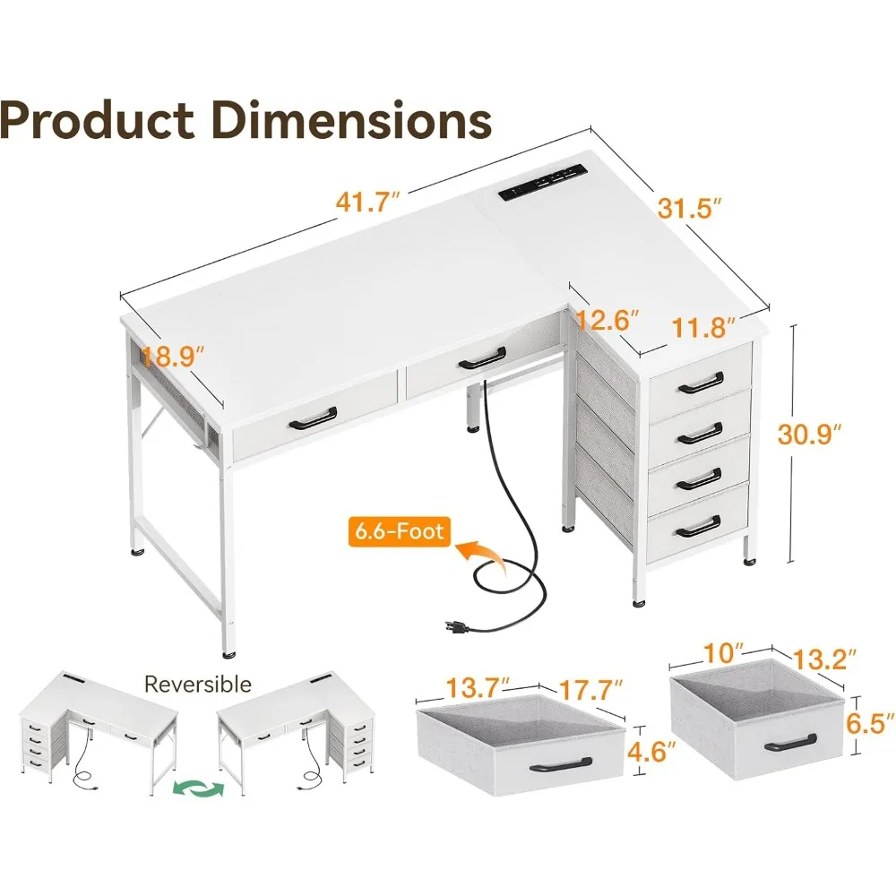 Mesa em forma de L de 42 polegadas com gavetas, mesa de computador com tomadas elétricas, mesa de escritório doméstico com 6 gavetas