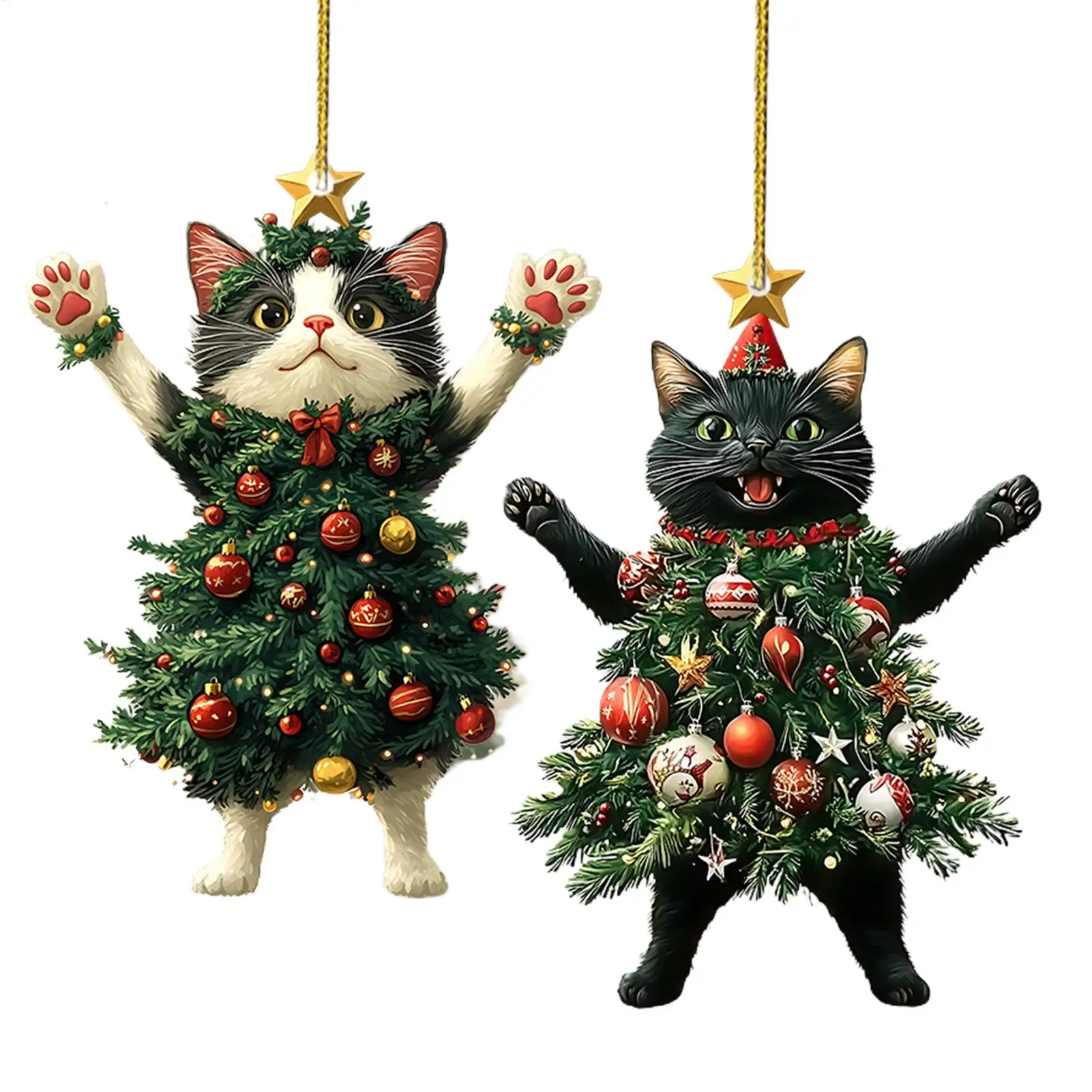 Christmas Tree Pendants Acrylic Cute Cat Hanging Ornaments 2D Christmas Cat Pendant 2D Flat Acrylic Christmas Tree Decorations