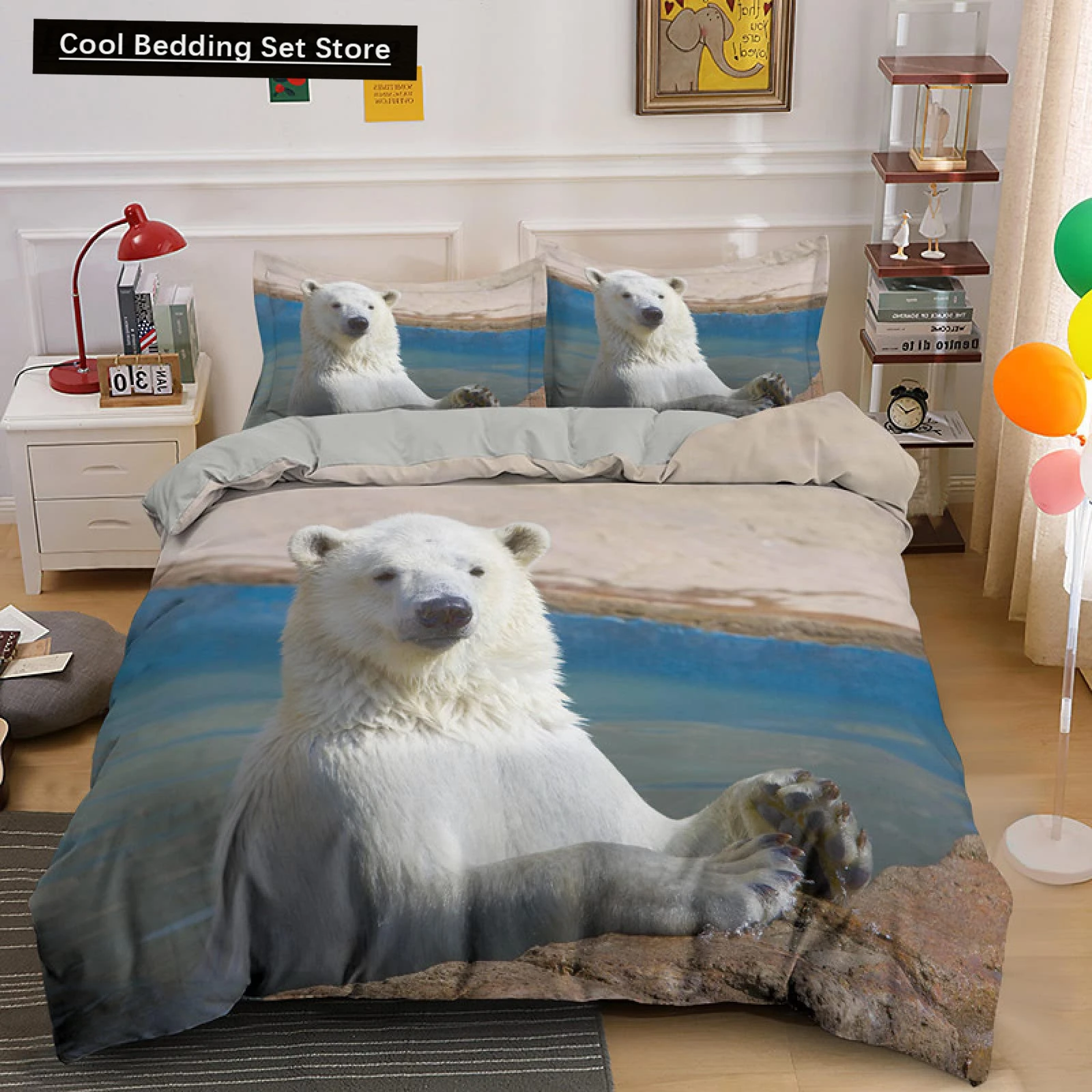 

Polar Bear Duvet Cover King Queen 3D Lovely White Arctic Animal Bedding Set for Kids Teens Adult Wildlife Quilt Cover Pillowcase